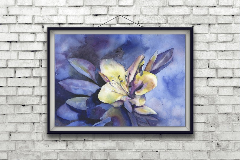 Azalea watercolor painting.  Colorful azalea fine art watercolor painting blue yellow artwork floral watercolor blue yellow floral (print)