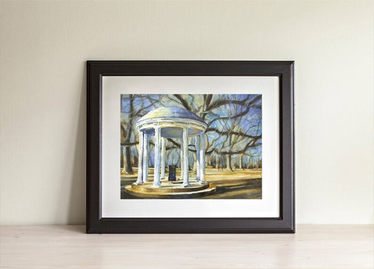 Fine art watercolor of UNC’s Old Well surrounded by spring blossoms and bright skies—ideal for home/office decor and alumni keepsakes.