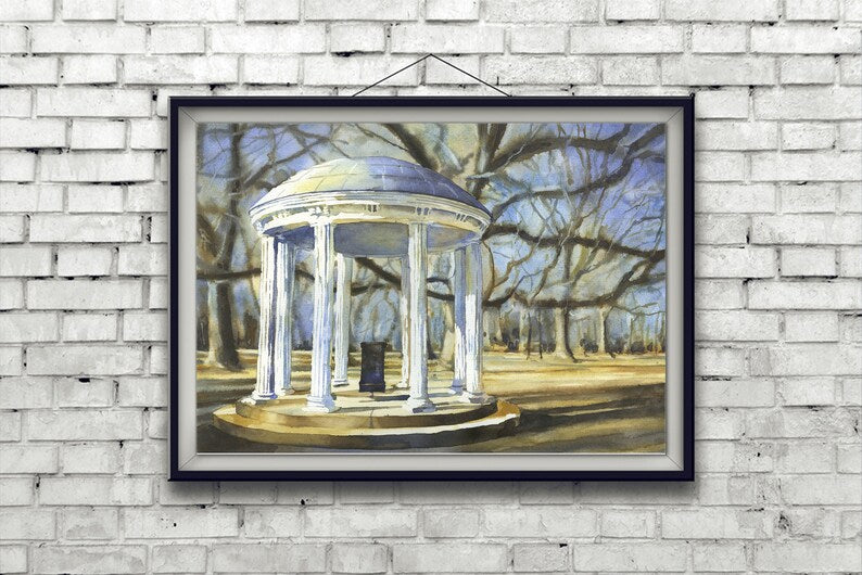 UNC Old Well painting.  University of North Carolina Old Well fine art watercolor painting- Chapel Hill, NC.  UNC photo home decor (print)