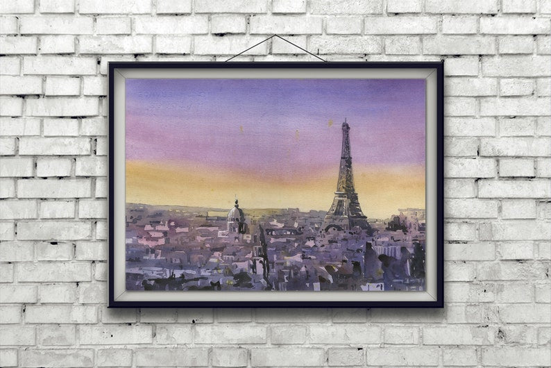 Eiffel Tower rising above buildings Paris, France. Eiffel Tower watercolor painting fine art print Paris art home decor skyline (original)