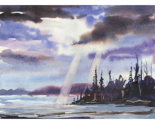 Stormy sunset landscape artwork.  Watercolor paintning sun's rays landscape artwork blue water stormy sky artwork fine art water (print)