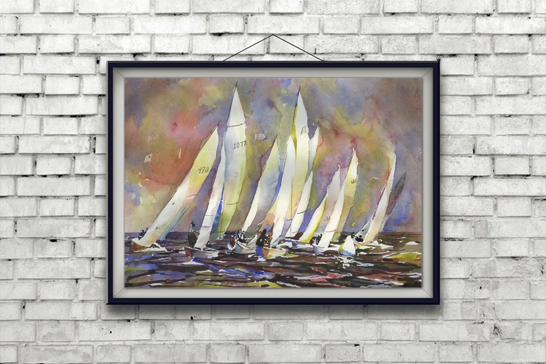 Boats racing in regatta.  Sailing boats tacking around buoy in sailing regatta- nautical art colorful painting watercolor painting (print)