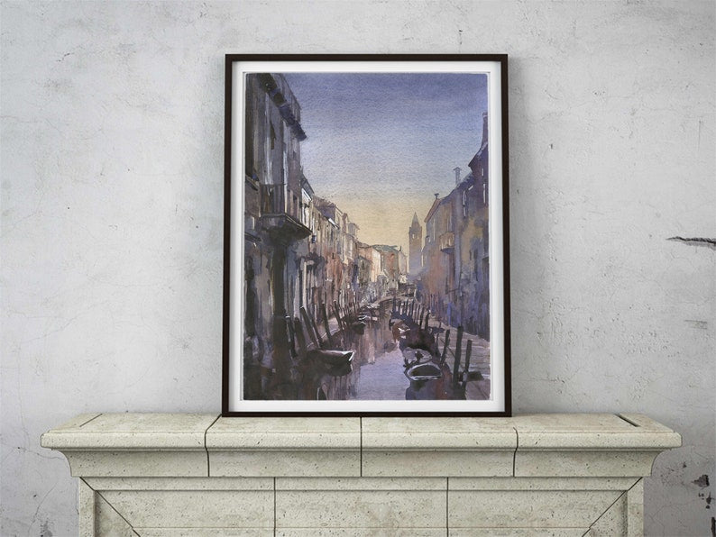 Sunset over canals and medieval architecture of Venice, Italy.  Watercolor painting Venice Italy gondola boats church architecture sunset (print)