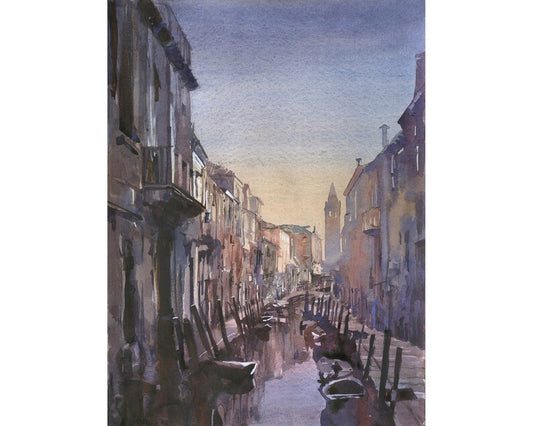 Sunset scene over Venice’s canals with gondolas and church domes in rich watercolor tones.