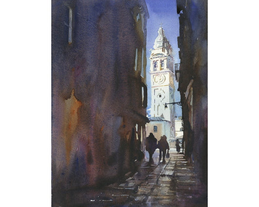 Colorful watercolor painting of Venice, Italy showing a church rising above crowded medieval back-alleys.