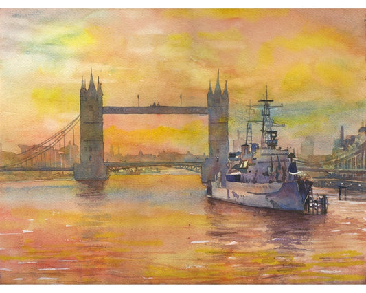 Tower Bridge and boat on River Thames at dusk- London, England. London skyline bridge artwork sunset. Watercolor painting London Bridge