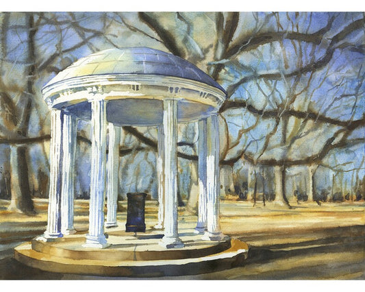 Colorful watercolor painting of the iconic Old Well at University of North Carolina Chapel Hill—perfect college decor and graduation gift for alumni.