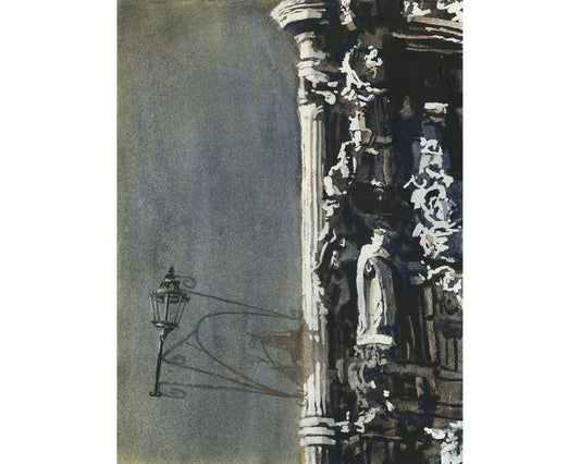 Atmospheric watercolor of a narrow alley in Guanajuato at night, capturing glowing windows and dramatic shadows—great for stylish home wall art or travel gifts.