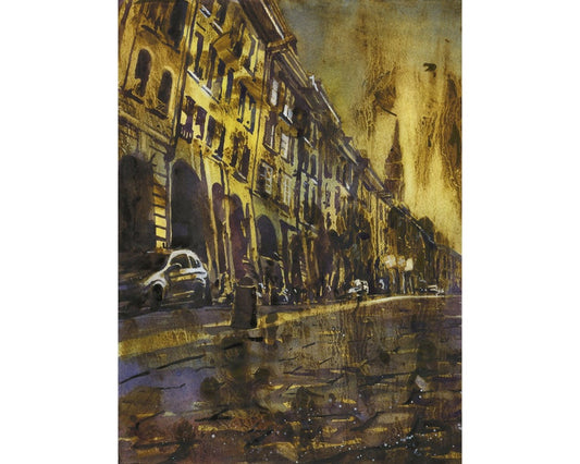Bern, Switzerland fine art watercolor painting. Street in UNESCO World Heritage city of Bern at sunset. Bern Switzerland artwork (print)