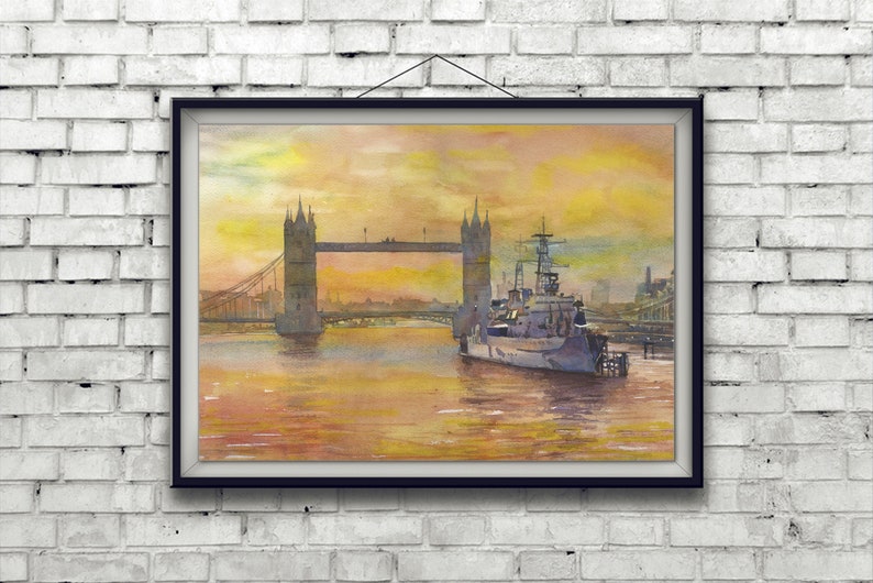 Tower Bridge y barco sobre el río Támesis al atardecer, Londres, Inglaterra. Puesta del sol de las ilustraciones del puente del horizonte de Londres. Pintura a la acuarela Puente de Londres