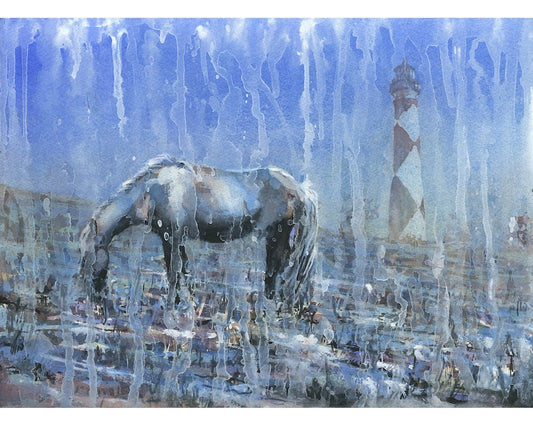 Faro de Cape Lookout y caballos pastando en Outer Banks, Carolina del Norte. Colorida obra de arte azul Faro de Cape Lookout OBX artw (impresión)