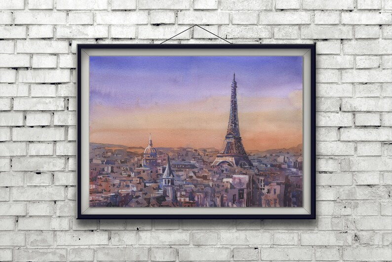 Paris, France skyline at sunset.  Watercolor painting Eiffel Tower Paris, France artwork.  Painting Eiffel Tower Paris sunset skyline (print)