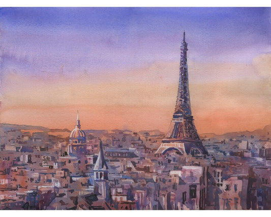 Paris, France skyline at sunset.  Watercolor painting Eiffel Tower Paris, France artwork.  Painting Eiffel Tower Paris sunset skyline (print)
