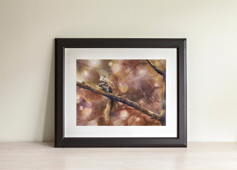 Squirrel sitting on branch.  Squirrel outdoors landscape artwork fine art watercolor squirrel wildlife animal painting brown watercolor art