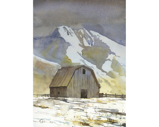 Barn outdoors.  Watercolor painting of barn outside landscape artwork barn decor.  Landscape painting snowy barn and mountain (original)
