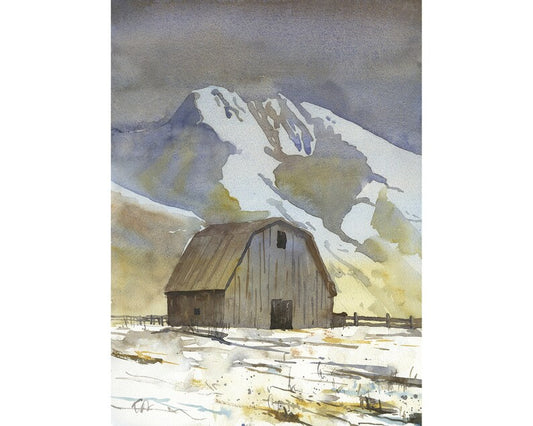 Barn outdoors. Watercolor painting of barn outside landscape artwork barn decor. Landscape painting snowy barn and mountain (original)
