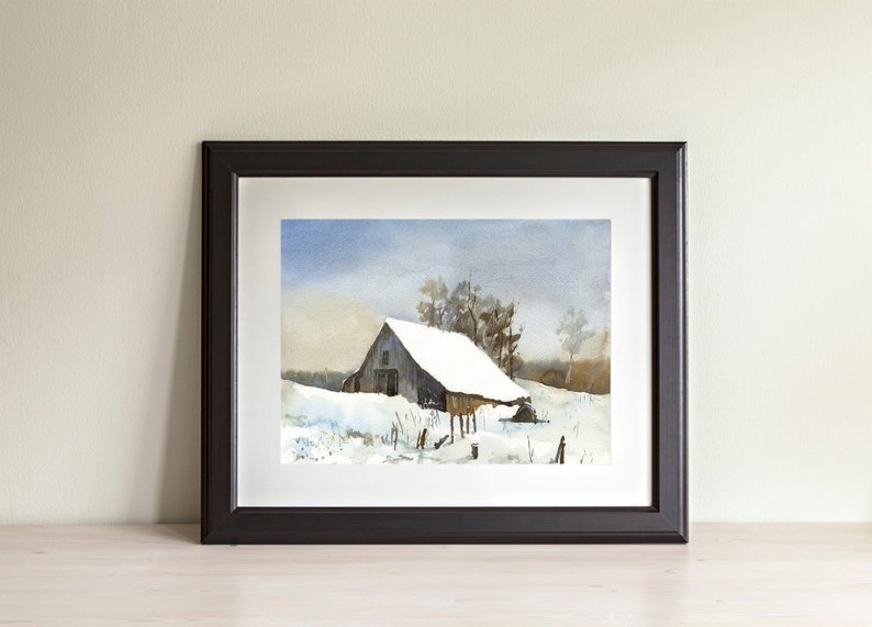 Barn outdoors.  Watercolor painting of barn outside landscape artwork barn decor.  Landscape painting snowy barn and mountain (original art)