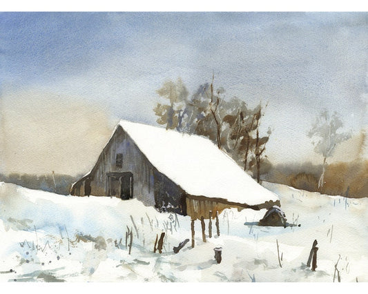 Barn outdoors.  Watercolor painting of barn outside landscape artwork barn decor.  Landscape painting snowy barn and mountain (original art)