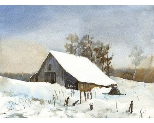 Barn outdoors. Watercolor painting of barn outside landscape artwork barn decor. Landscape painting snowy barn and mountain (original art)