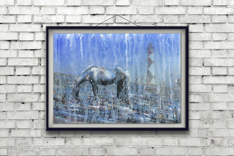 Cape Lookout lighthouse and grazing horse in the Outer Banks, North Carolina. Colorful blue artwork Cape Lookout lighthouse OBX artw (print)
