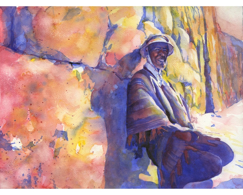 Quechua man in traditional garb in the Sacred Vallley, Peru.  Watercolor painting people Peru fine art print