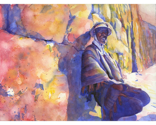 Quechua man in traditional garb in the Sacred Vallley, Peru.  Watercolor painting people Peru fine art print