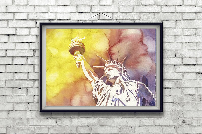 Statue of Liberty in New York Harbor at sunset- New York City, USA.  Watercolor painting Statue Liberty artwork colorful artwork New York