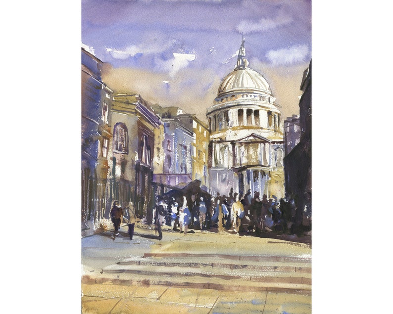 Catedral de San Pablo por la noche en la ciudad de Londres, Inglaterra. Pintura acuarela Londres. Basílica de Londres, Inglaterra, bellas artes (original)