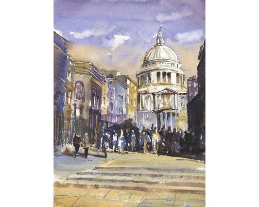 St. Paul's Cathedral at night in the city of London, England.  Watercolor painting London.  Basilica London England fine art (original)