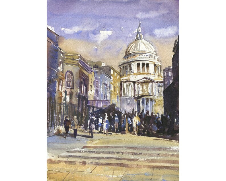 Catedral de San Pablo por la noche en la ciudad de Londres, Inglaterra. Pintura acuarela Londres. Pintura acuarela Basílica Londres Inglaterra arte