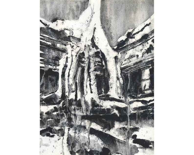 Ta Prohm archaeological ruins at Ankgor Wat.  Watercolor painting Angkor overgrown ruins (print)