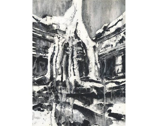 Soft watercolor landscape of the ancient ruins of Ta Prohm at Angkor Wat, with twisting sycamore roots overtaking the temple walls—perfect for cultural home decor.