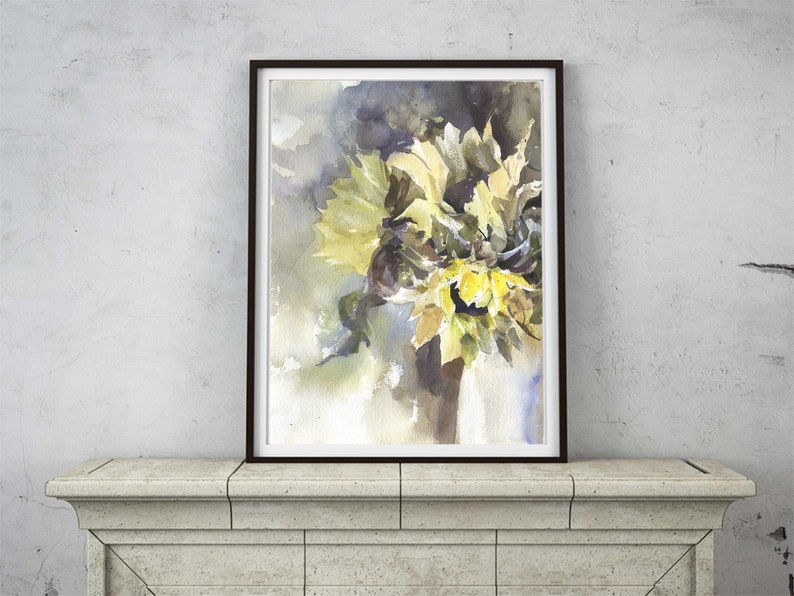 Sunflower fine art painting.  Yellow sunflower floral watercolor artwork sunflowers in vase. Floral watercolor painting sunflower (print)