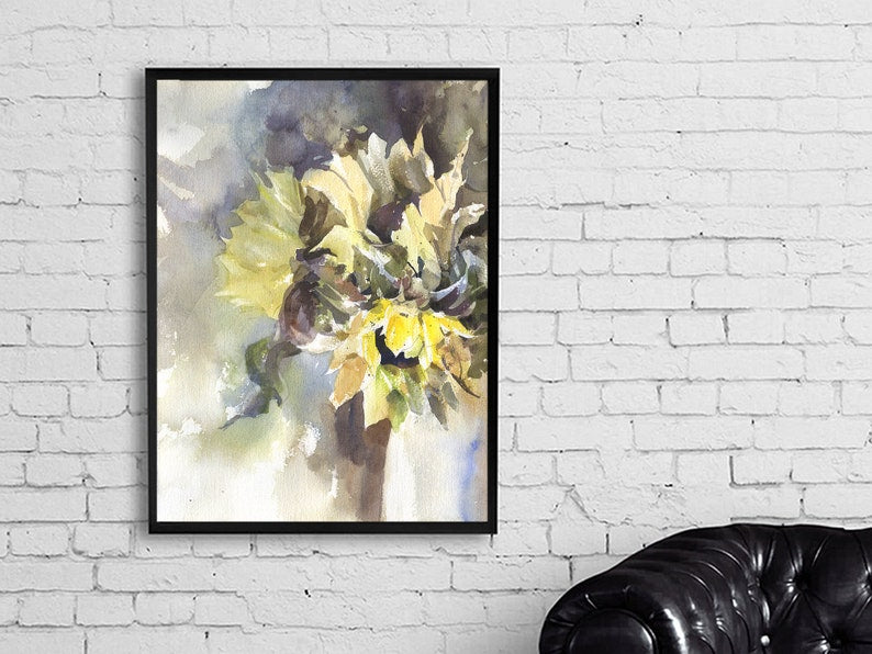 Sunflower fine art painting.  Yellow sunflower floral watercolor artwork sunflowers in vase. Floral watercolor painting sunflower (print)