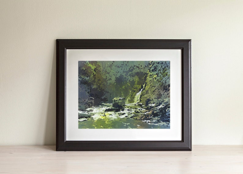 Linville Falls in the Blue Ridge mountains- North Carolina.  Watercolor painting Linville Falls landscape art green painting Appalachia (print)