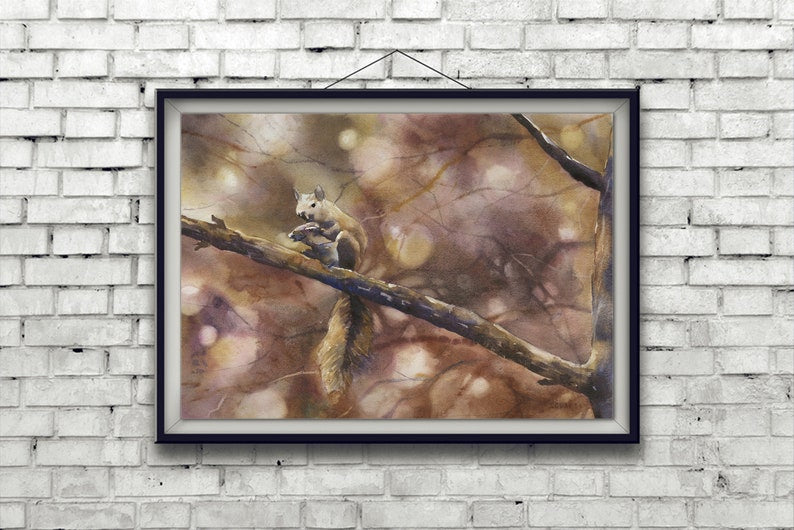 Squirrel sitting on branch.  Squirrel outdoors landscape artwork fine art watercolor squirrel wildlife animal painting brown watercolor art