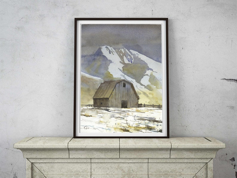 Barn outdoors.  Watercolor painting of barn outside landscape artwork barn decor.  Landscape painting snowy barn and mountain fine art (print)