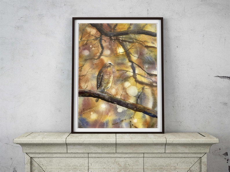 Hawk sitting on branch outside.  Watercolor painting of hawk on branch- hawk artwork painting hawk. Hawk on branch watercolor art (original)