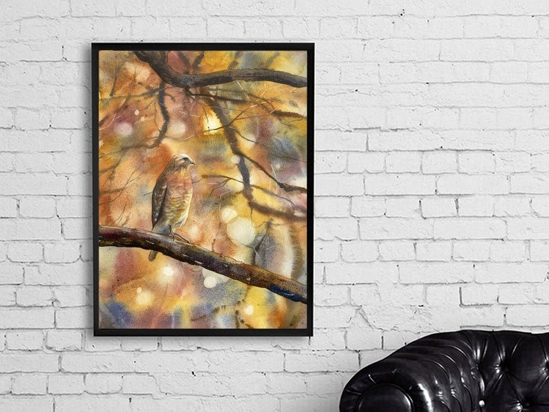 Hawk sitting on branch outside.  Watercolor painting of hawk on branch- hawk artwork painting hawk. Hawk on branch watercolor art (original)