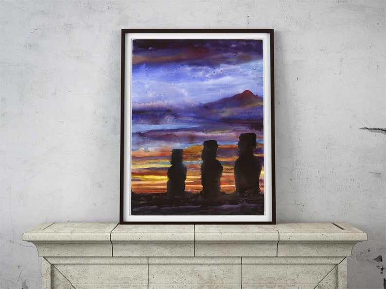 Painting of moai statues- Easter Island, Chile. Watercolor Moai statues on Easter Island sunrise artwork Chile sunset artwork (original)