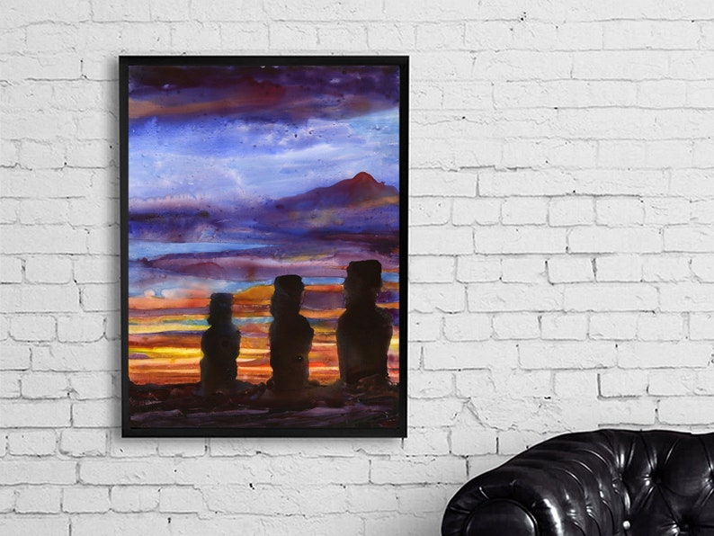 Painting of moai statues- Easter Island, Chile. Watercolor Moai statues on Easter Island sunrise artwork Chile sunset artwork (original)