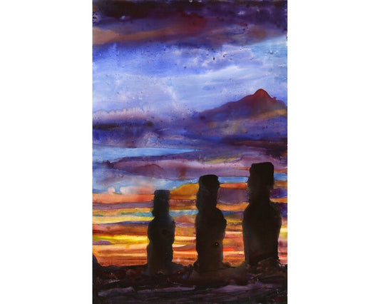 Original watercolor painting of Moai statues on Easter Island, showcasing their mystery and monumentality under a vivid sunset sky.
