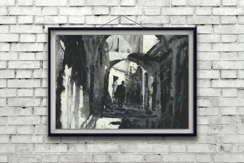 Tunis painting of alleyway in medina of Tunis, Tunisia.  B&W artwork Tunisia alleyway watercolor Tunis medina black white artwork horizontal