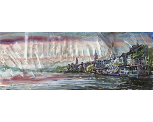 Horizonte de Zurich, Suiza al atardecer. Pintura de acuarela en YUPO del horizonte de Zurich- Suiza arte en color arte abstracto moderno (arte original)