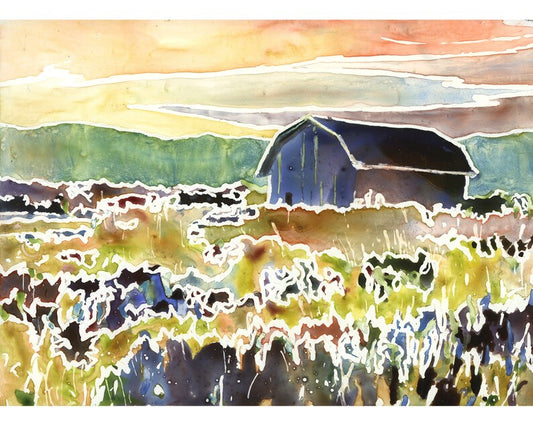 Colorful barn watercolor landscape fine art print