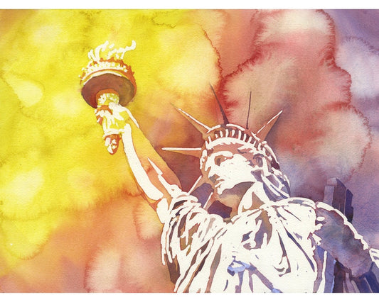 Elegant watercolor landscape of Statue of Liberty during sunset—perfect NYC artwork for patriotic decor and New York lovers.
