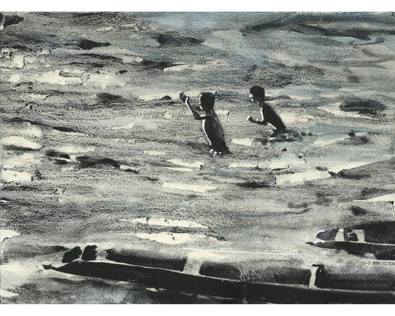 Children playing in the Mekong River- Laos.  Monochromatic watercolor painting children in river SE Asia Laos artwork.  Kids playing river (print)