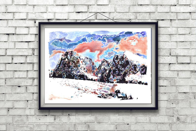 Switzerland Alps snow scene watercolor painting- Swiss Alps watercolor landscape artwork. Watercolor painting Swiss Alps Switzerland (print)
