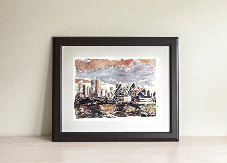 Sydney Opera House and skyline of city- watercolor painting Sydney Australia fine art watercolor painting Sydney Harbour skyline art (print)