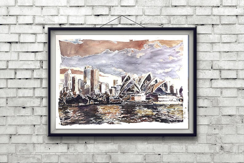 Sydney Opera House and skyline of city- watercolor painting Sydney Australia fine art watercolor painting Sydney Harbour skyline art (print)